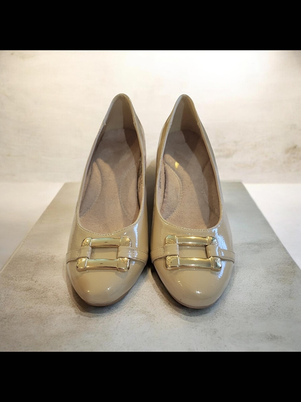 AEROSOLES Patent Beige Ballet Flats with Gold Buckle Detail